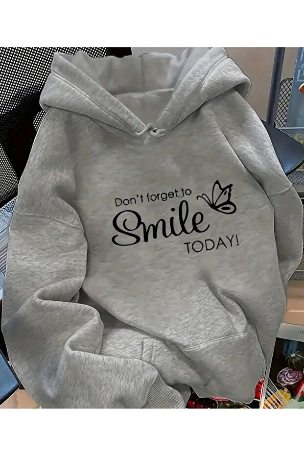 Hooded Sweatshirt with Smile Text Print Detail