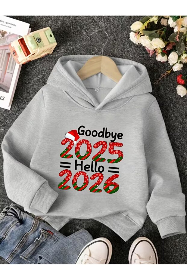سويت شيرت للجنسين Goodbye 2025 مطبوع قصة فضفاضة بغطاء رأس مصنوع من القطن بنسبة 100%