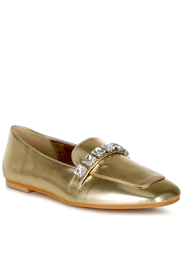 Women Metallic Diamante Strap Loafers in Gold