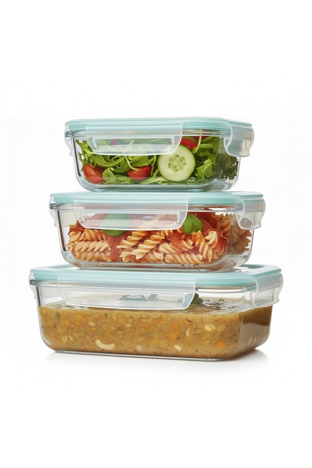 3 Pcs Borosilicate Glass Containers with Leak Proof Airtight Lid BPA Free -Rectangular