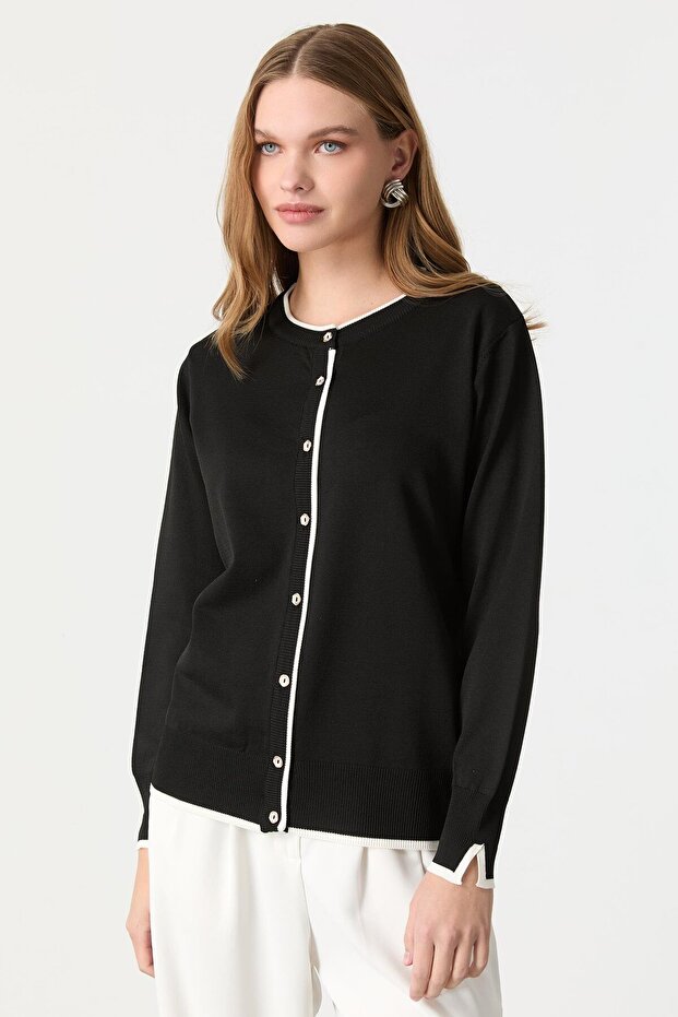 Düğmeli Basic Triko Hırka-SİYAH/KEMİK - 1