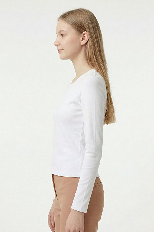 Tricou de damă cu mânecă lungă, decolteu tip crew, model Basic, alb - 3