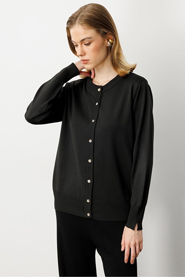 Düğmeli Basic Triko Hırka-SİYAH - 5