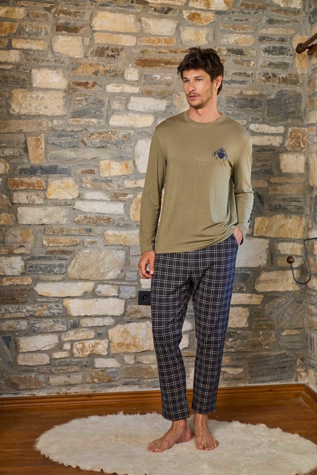 Long Sleeve Embroidery Detail Men's Pajama Set Cossybyaqua 26154-2XL - Khaki
