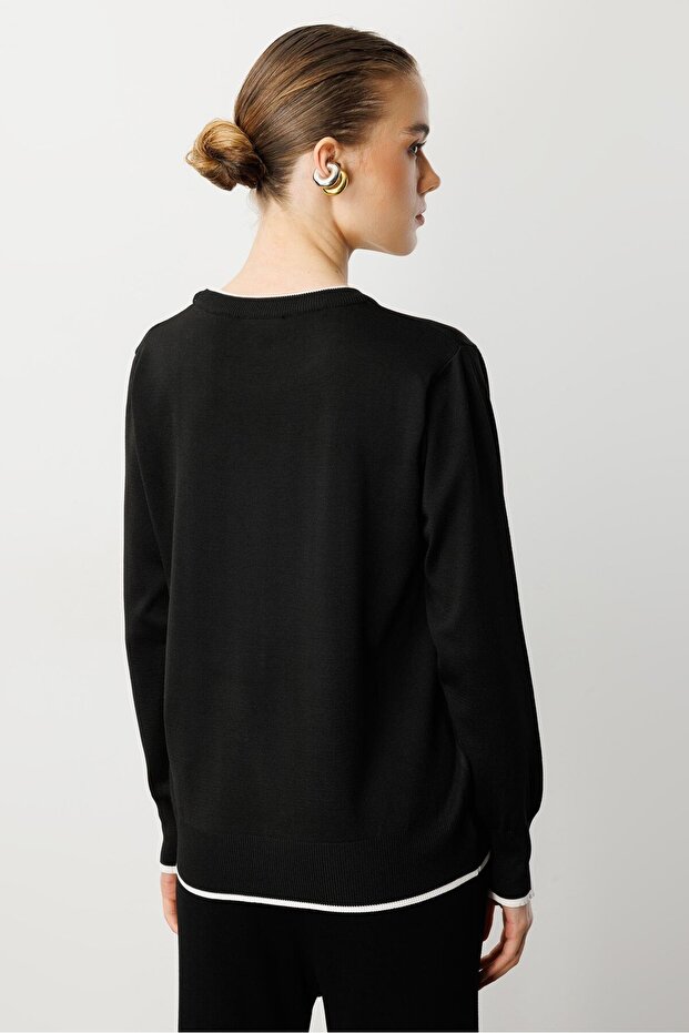 Biye Detaylı Basic Triko Kazak-SİYAH - 6