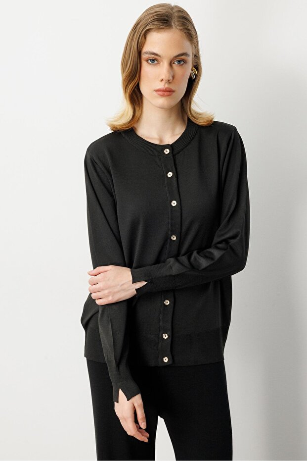 Düğmeli Basic Triko Hırka-SİYAH - 4