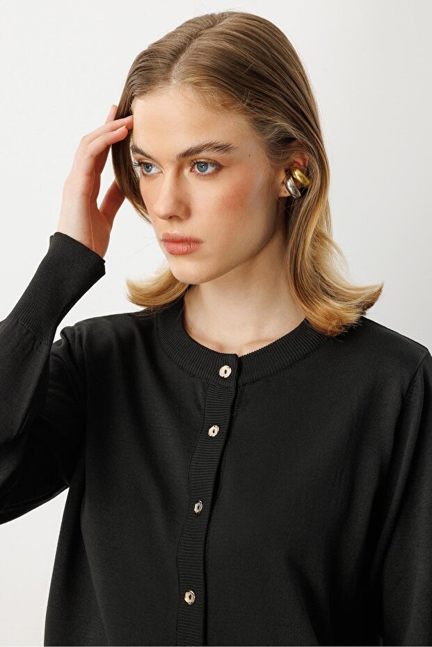 Düğmeli Basic Triko Hırka-SİYAH - 2