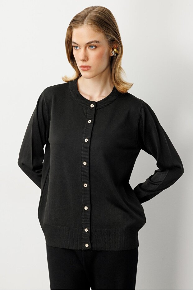 Düğmeli Basic Triko Hırka-SİYAH - 3