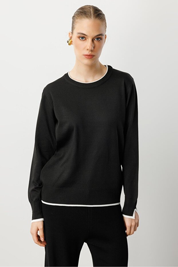 Biye Detaylı Basic Triko Kazak-SİYAH - 1