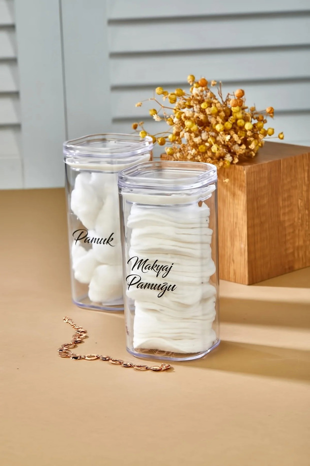 Pack of 2 Acrylic Transparent Labeled Cotton Makeup Cotton & Cotton 250ml