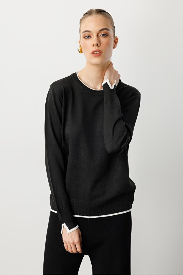 Biye Detaylı Basic Triko Kazak-SİYAH - 4