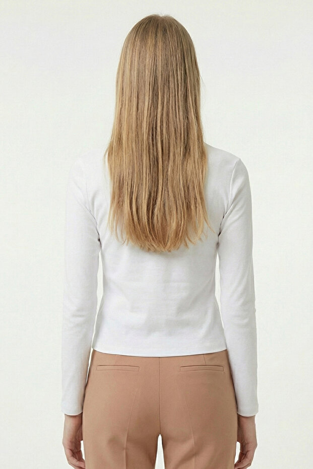 Tricou de damă cu mânecă lungă, decolteu tip crew, model Basic, alb - 4