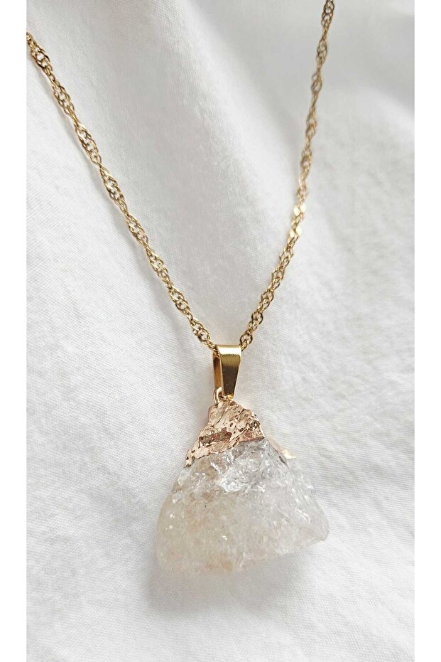 Stainless Steel Chain Citrine (Golden Stone) Natural Stone Necklace-Gold