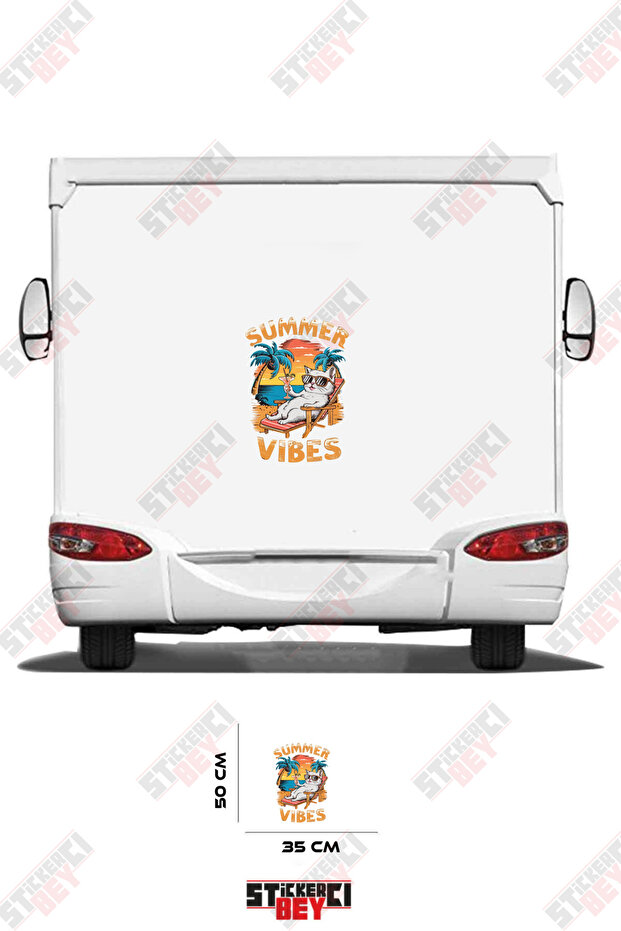 ملصق كارافان بتصميم قطة تشمئز من الشمس مع نص 'SUMMER VIBES'