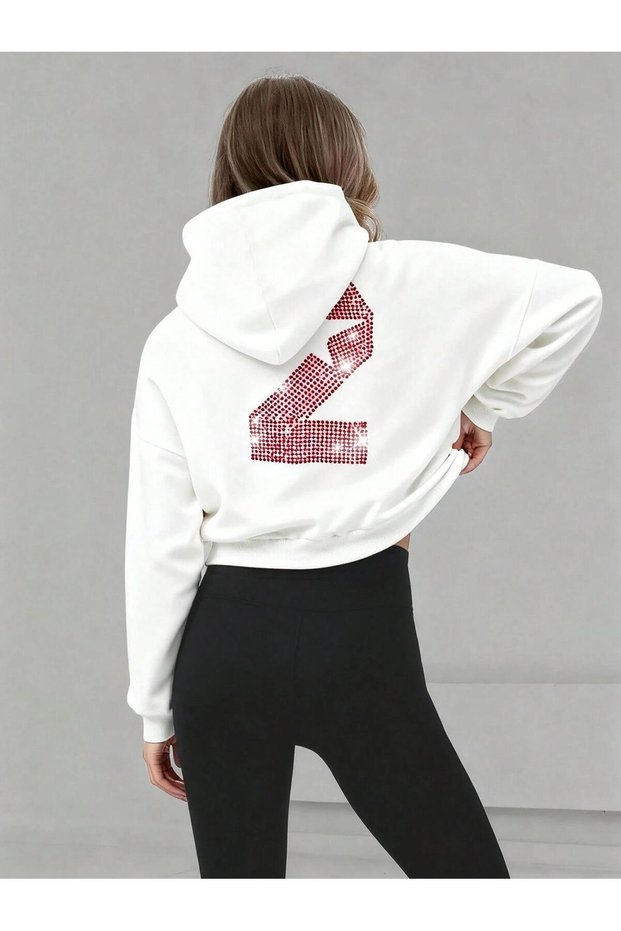 Ecru Stone Detailed Hooded Crop Sweatshirt and High Waist Corded Fabric Leggings Set – Comfortable Sports & Day Outfit