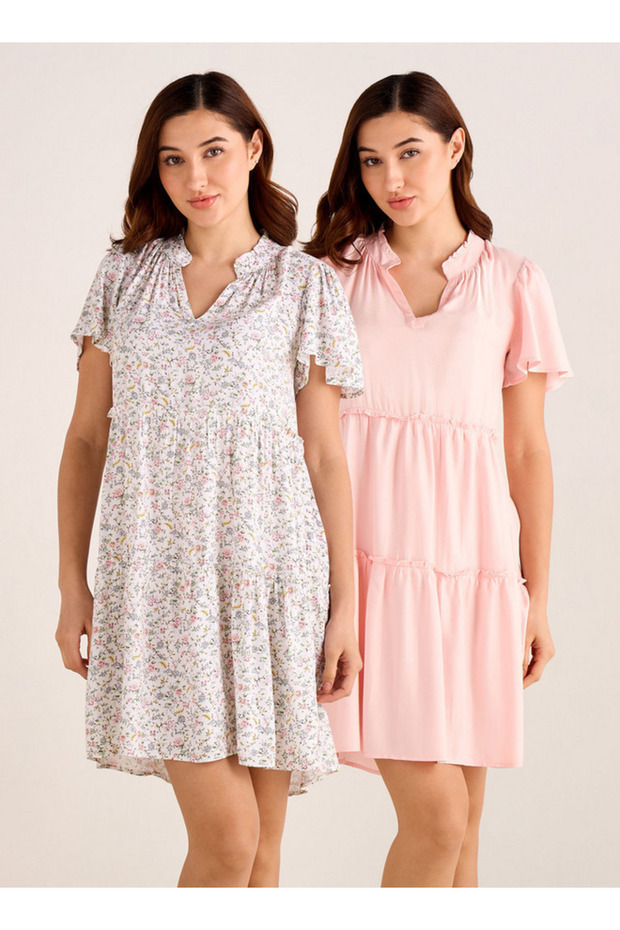Set of 2 Night Dress Flutter Sleeves Tiered Viscose