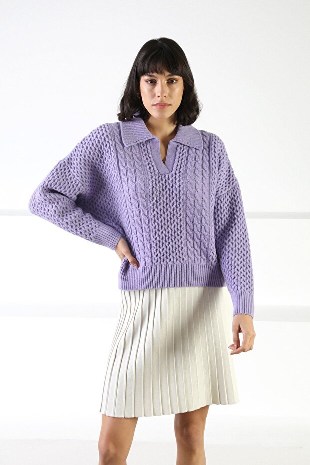 Lilac Long Sleeve Shirt Collar Woolen Hair Knitting Patterned Women's Knitwear Sweater