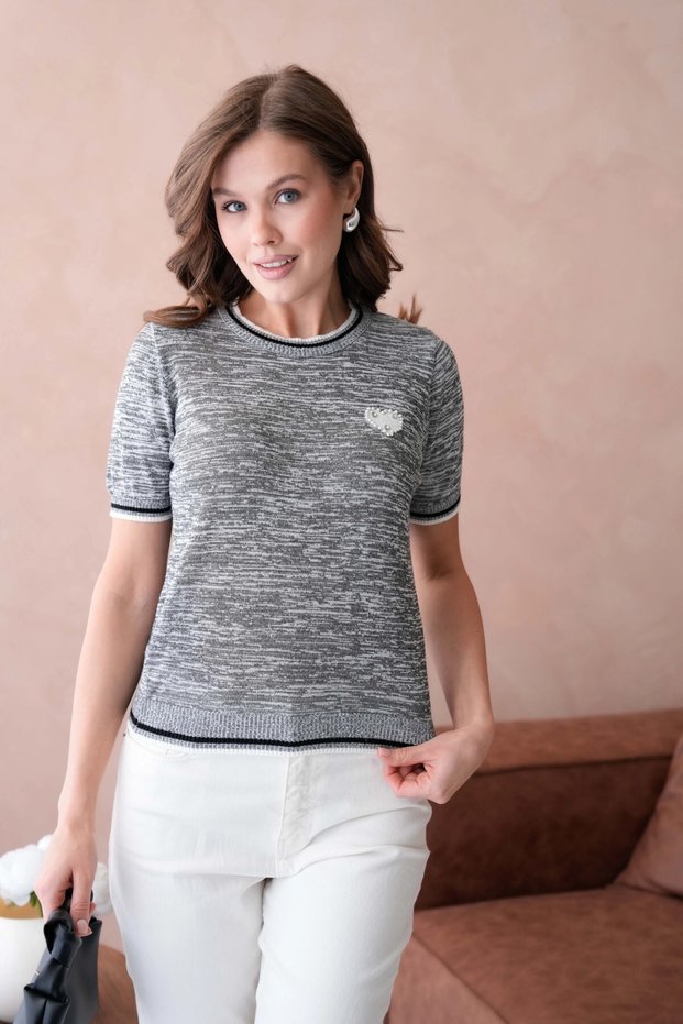 Women's Crew Neck Short Sleeve Stone Embroidered Knitwear Sweater 12040