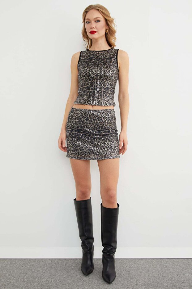 Leopar Desenli Pullu Mini Etek - 3