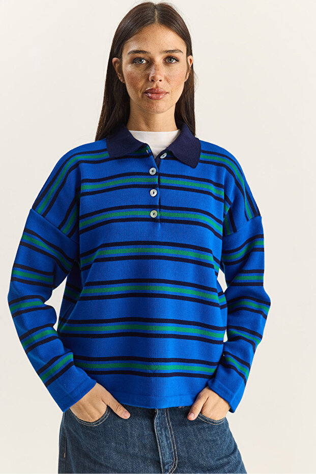 Women's Cobalt blue Polo Collar Striped Basic Knitwear Sweater 20258061