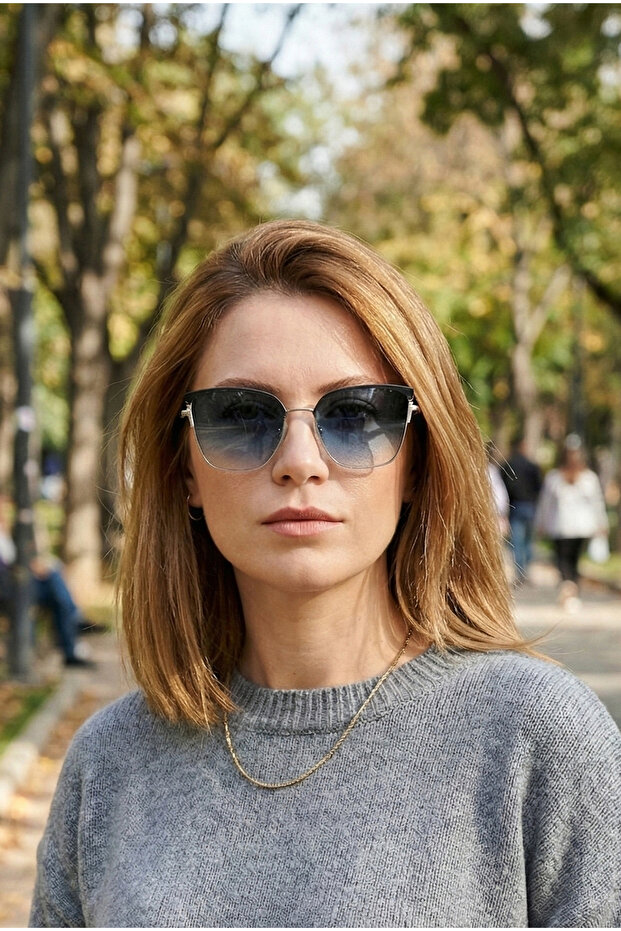 Sophia Black Metal Cat Eye Sunglasses | Blue Patterned Slim Stylish Details