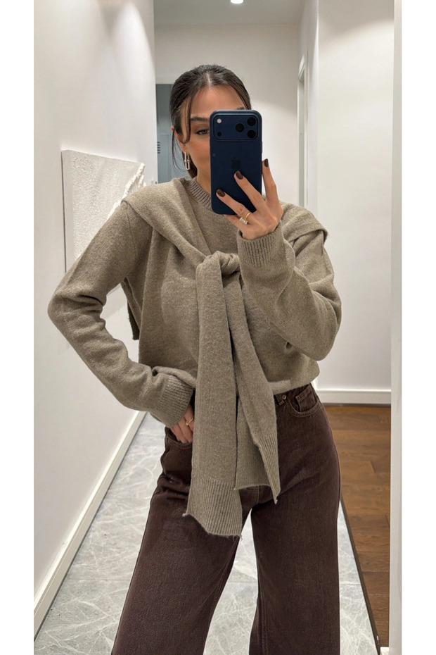 Light Mink Shawl Detailed Knitwear Sweater - 251180