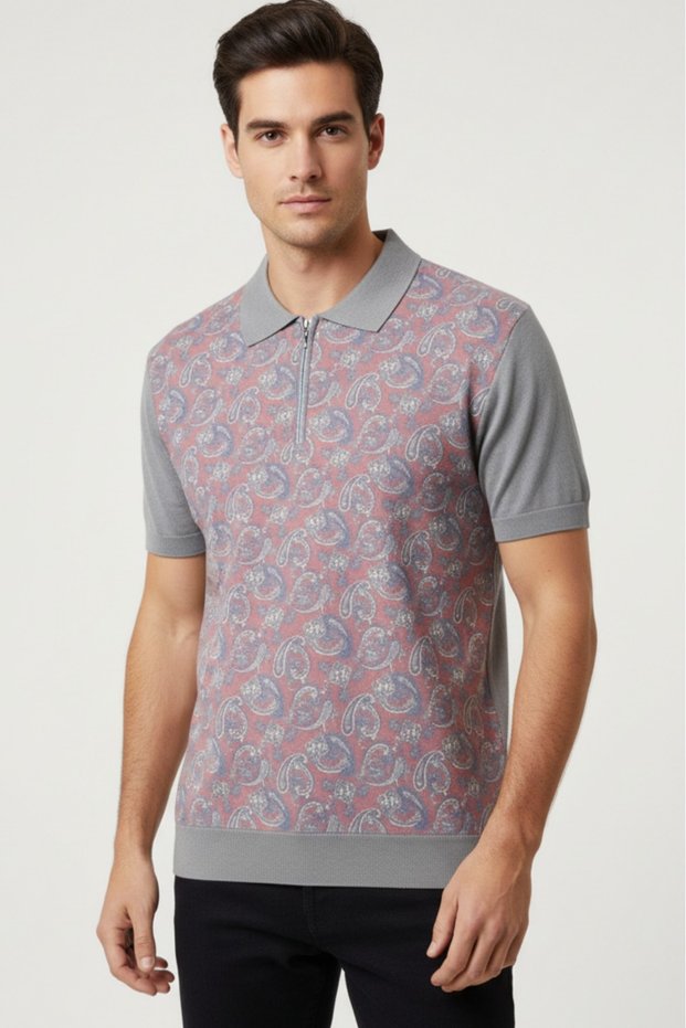 Men's Premium Quality Zippered Polo Neck Short Sleeve Knitwear T-Shirt / T-Shirt