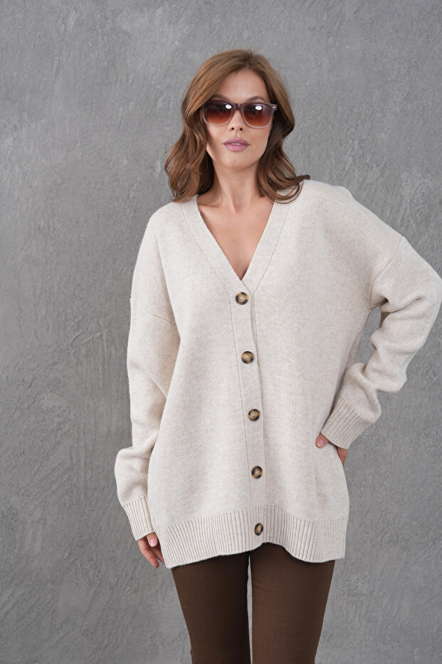 Women's V-Neck Button Closure Oversized Long Knitwear Cardigan 8596