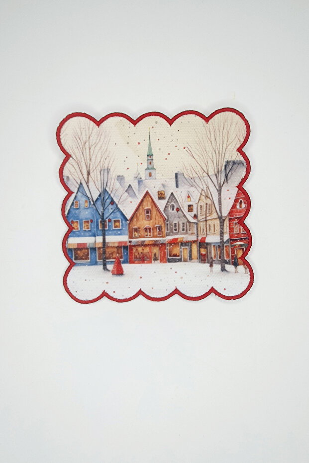 Sweet Winter Townscape Design Embroidered Cocktail Napkin 1 Piece