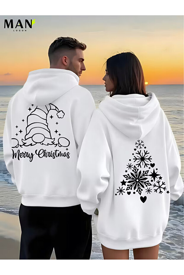 Merry Christmas Dear Combination Hoodie - Unisex Oversize Hooded Sweatshirt Set of 2 White