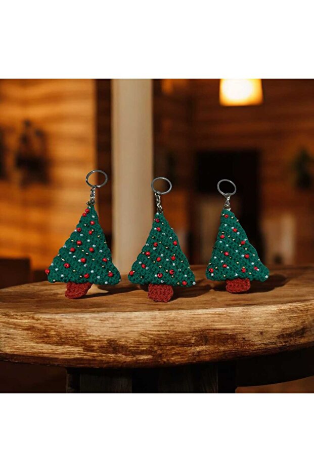 3-Piece Cute Christmas Themed Pine Tree Amigurumi Hand Knitted Keychain and Bag Accessory