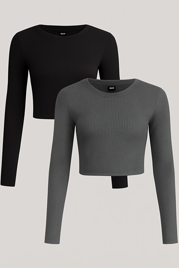 2 Pcs Women's Ribbed Crew Neck Ribbed Knit Cropped Blouse