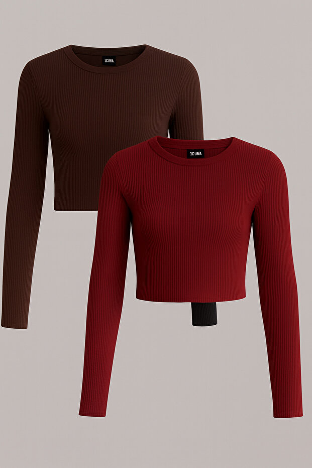 2 Pcs Women's Ribbed Crew Neck Ribbed Knit Cropped Blouse