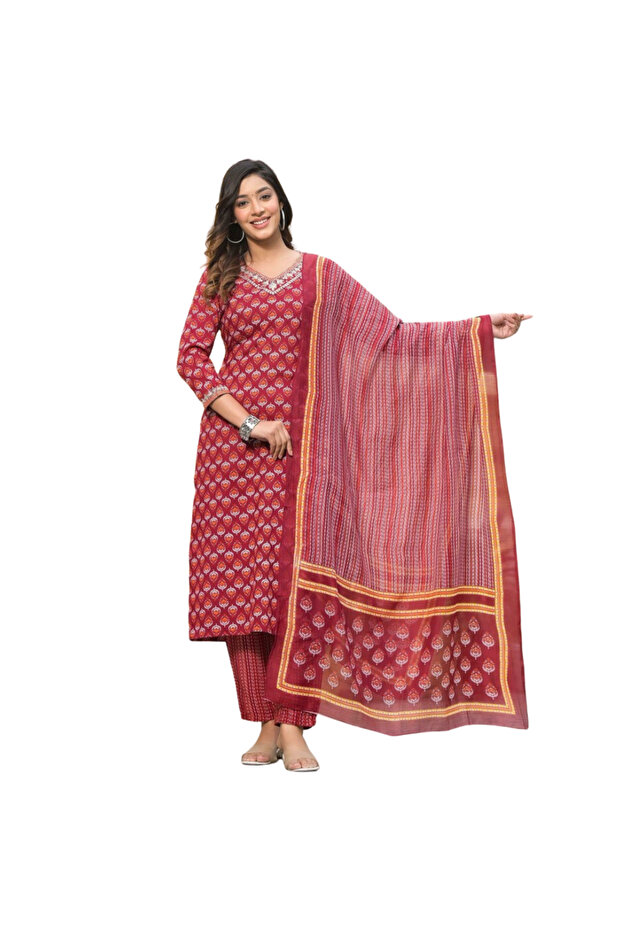 Maroon Viscose Cotton Salwar Kameez & Dupatta Set - ALV1098 | Maroon-Size:XL-42-Inches