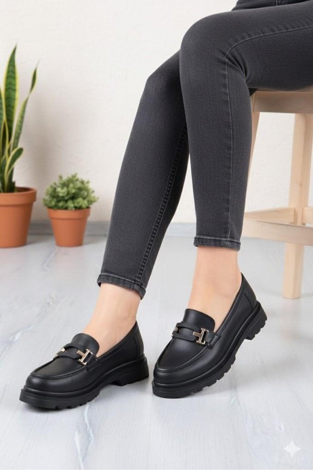 35832 Black Leather Buckle Detailed Comfortable Loafer Women's Shoes