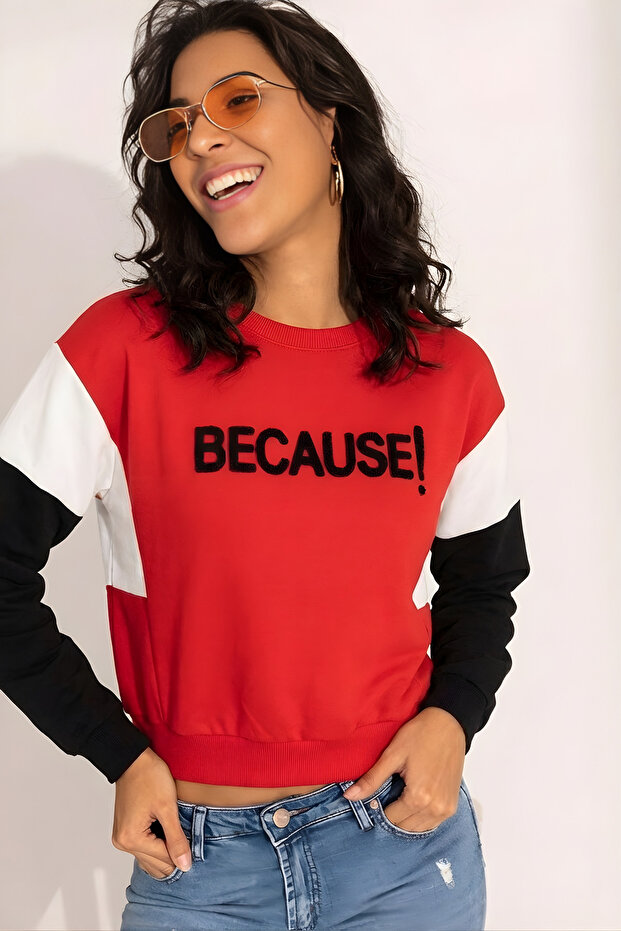 Women's Color Block Slogan Printed Sweatshirt – Red