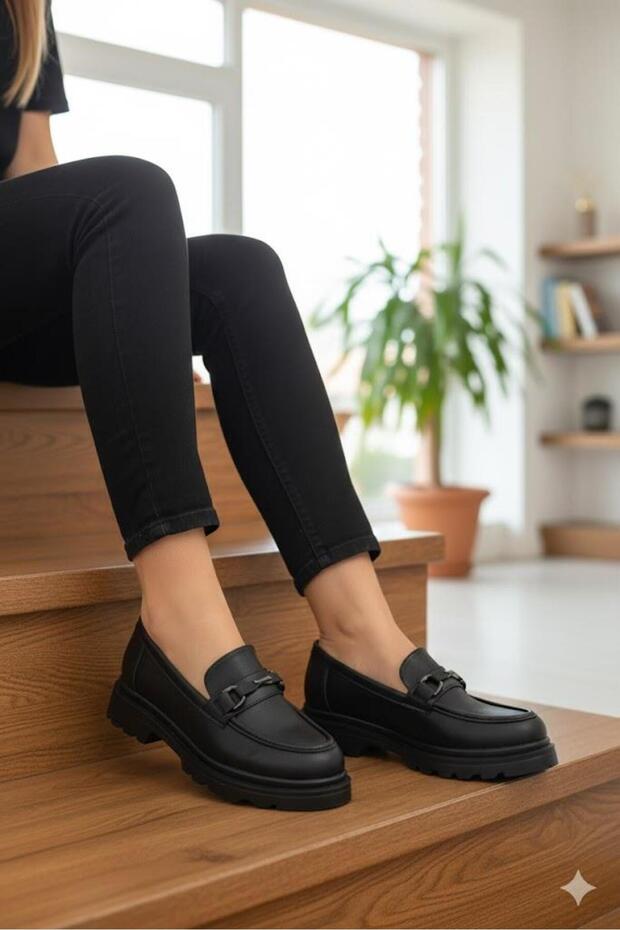 35830 Black Leather Buckle Detailed Comfortable Loafer Women's Shoes