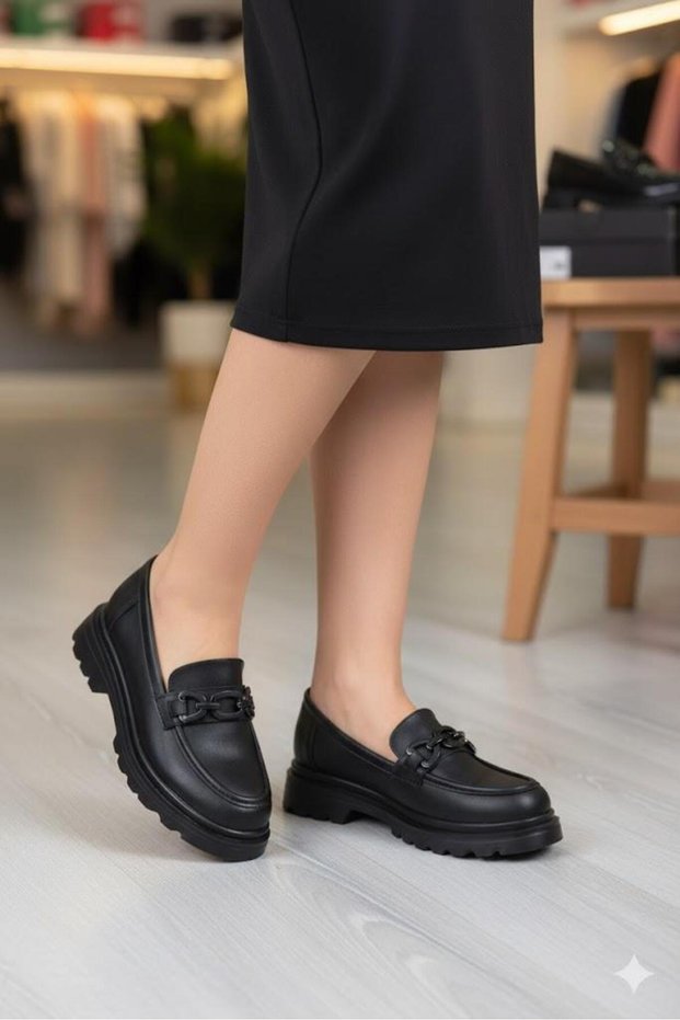 35834 Black Leather Buckle Detailed Comfortable Loafer Women's Shoes
