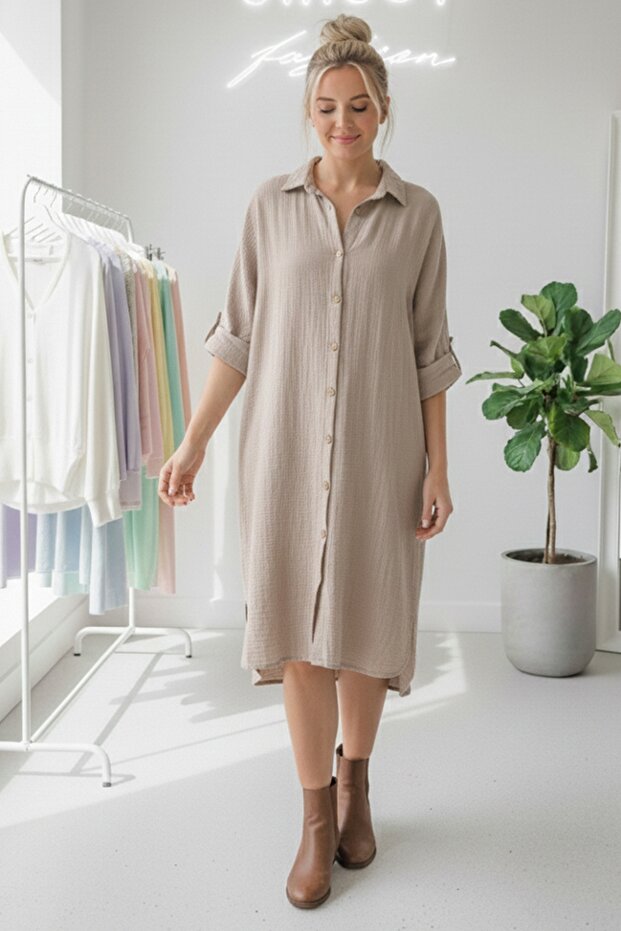Beige Shirt Collar Buttoned Long Sleeve Buttoned Casual Muslin Woven Shirt Dress 105 75