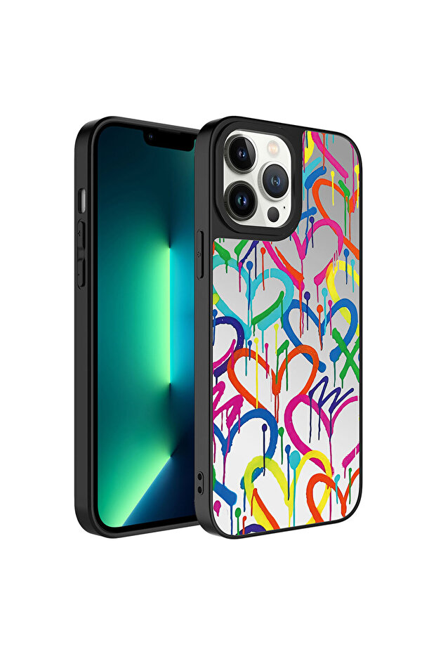 iPhone 13 Pro Compatible Mirrored Patterned Camera Protected Glossy Safa Mirror Case-Heart - 1