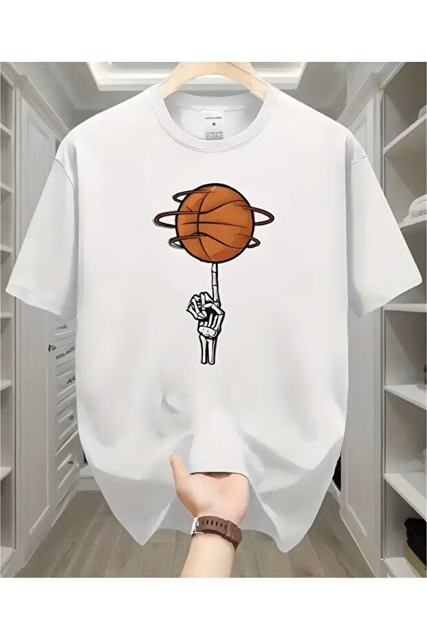 Basketball Printed T-Shirt for Men Skeleton Hands Design Tshirt