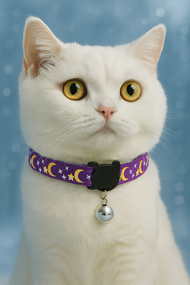 Purple Crescent and Star Patterned Cat Collar – with Bell, Adjustable, Safety Buckle