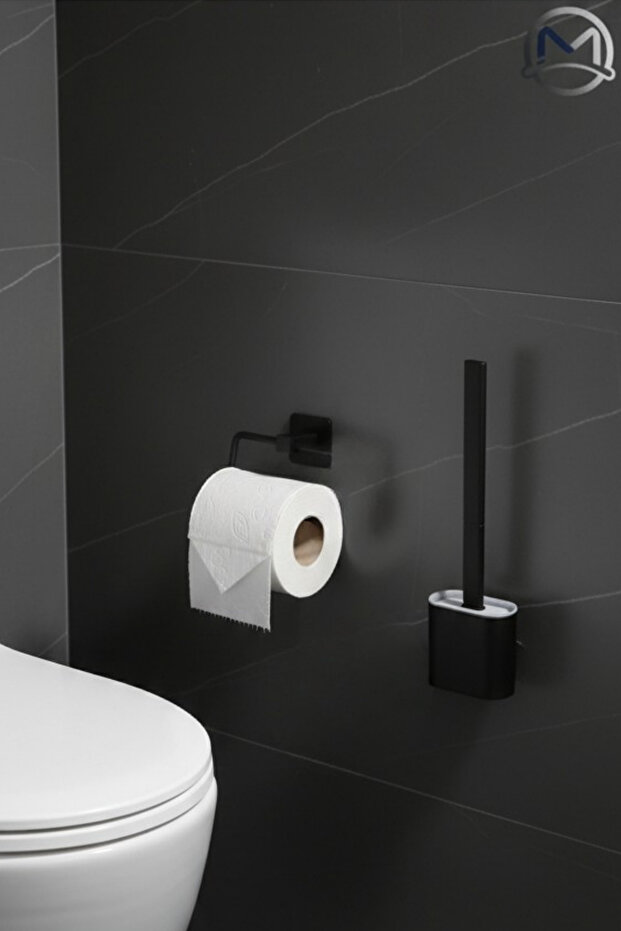Adhesive Black Toilet Paper Holder + Toilet Brush Set – No Drilling Required
