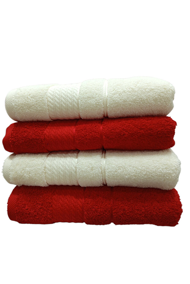 (4 Pieces) Trendy Hand Face Towel 50X90 cm Cream-Red
