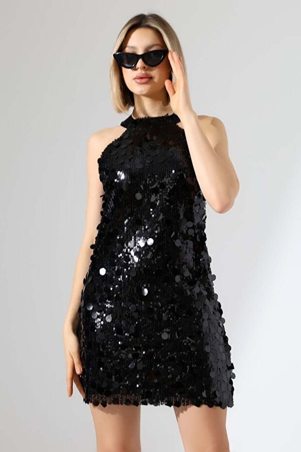 Halter Yaka Payetli Mini Elbise - 3