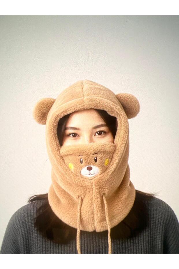 Plush Beanie Hat with Cute Teddy Bear Detail and Neck Collar