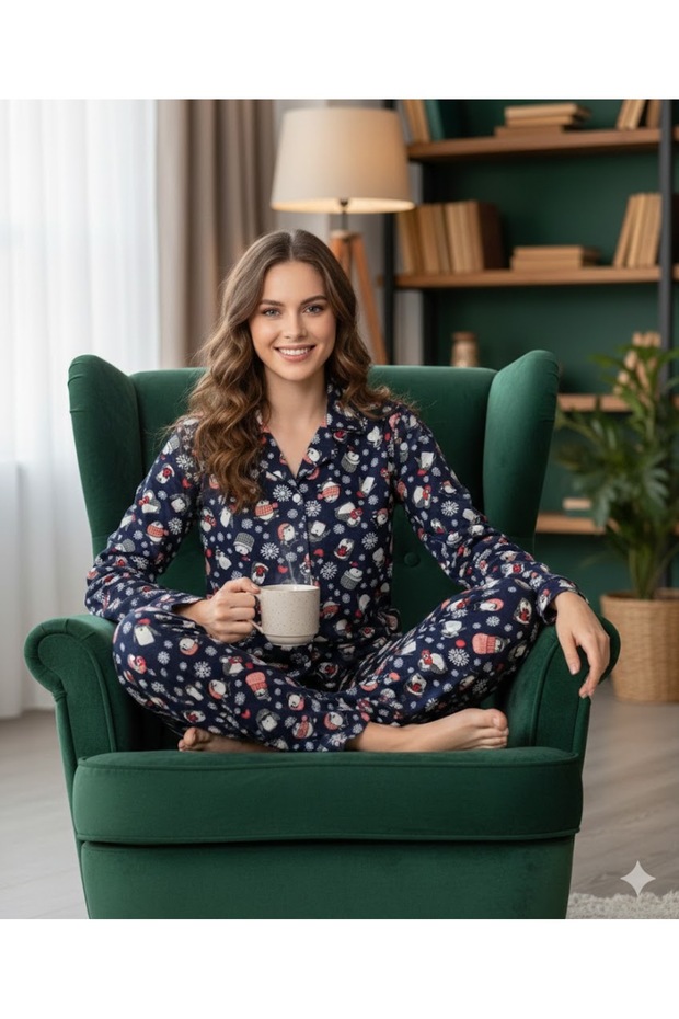 Navy Blue Christmas-Themed Suede Fabric Buttoned Women's Pajama Set – Soft Texture, Comfortable Fit