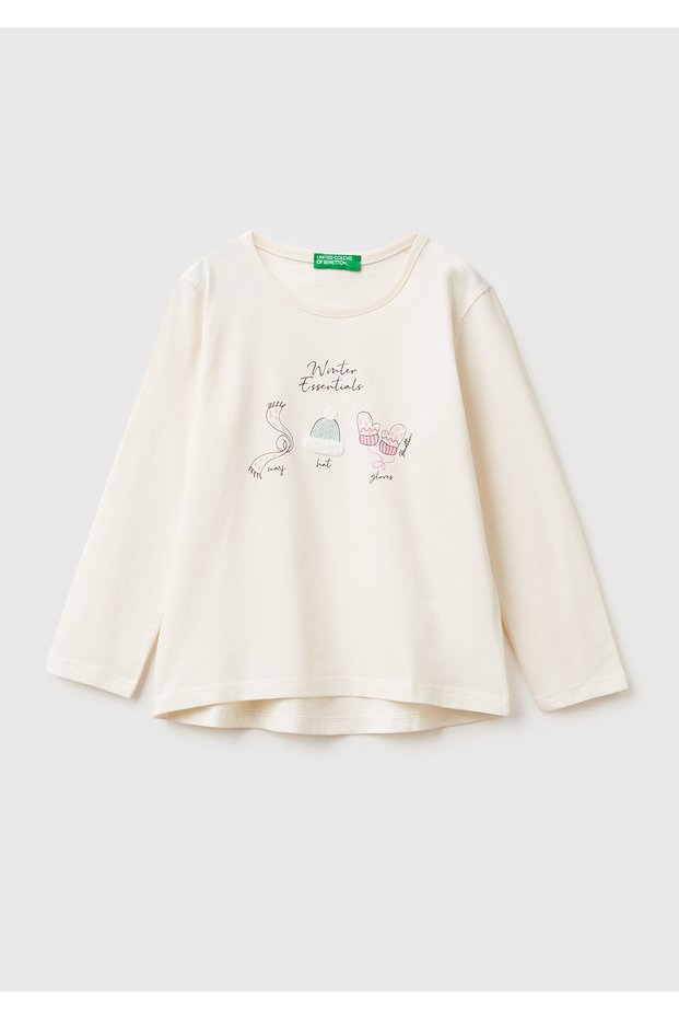 Girl's ecru long sleeve t-shirt with crew neck and long back
