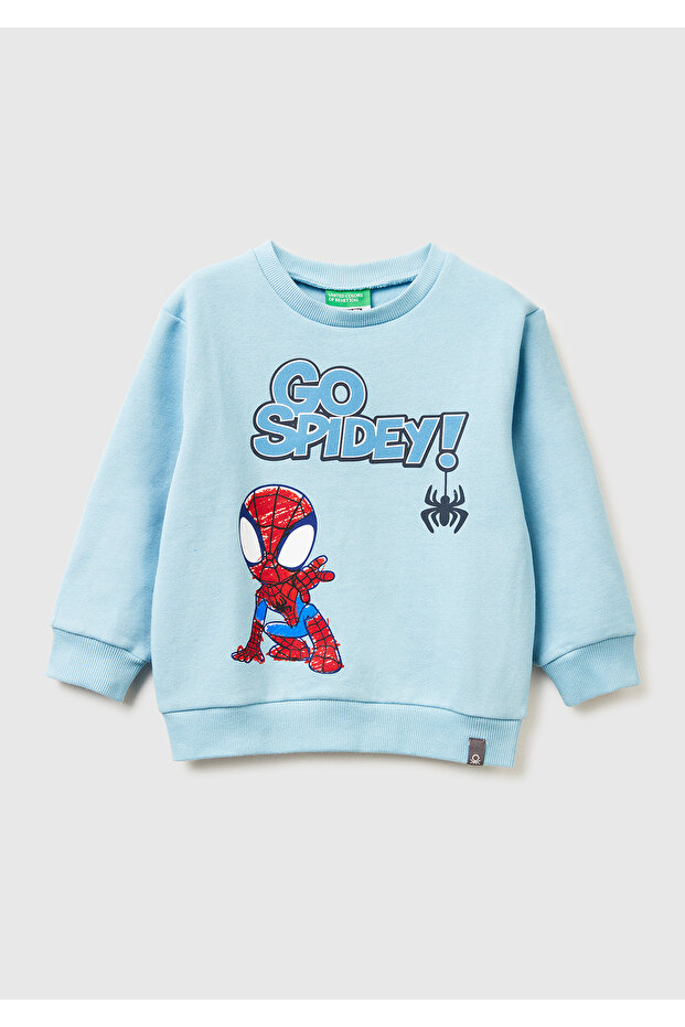 Boy's Light Blue Spiderman Printed Logo Label Embossed Ribbed Sweatshirt