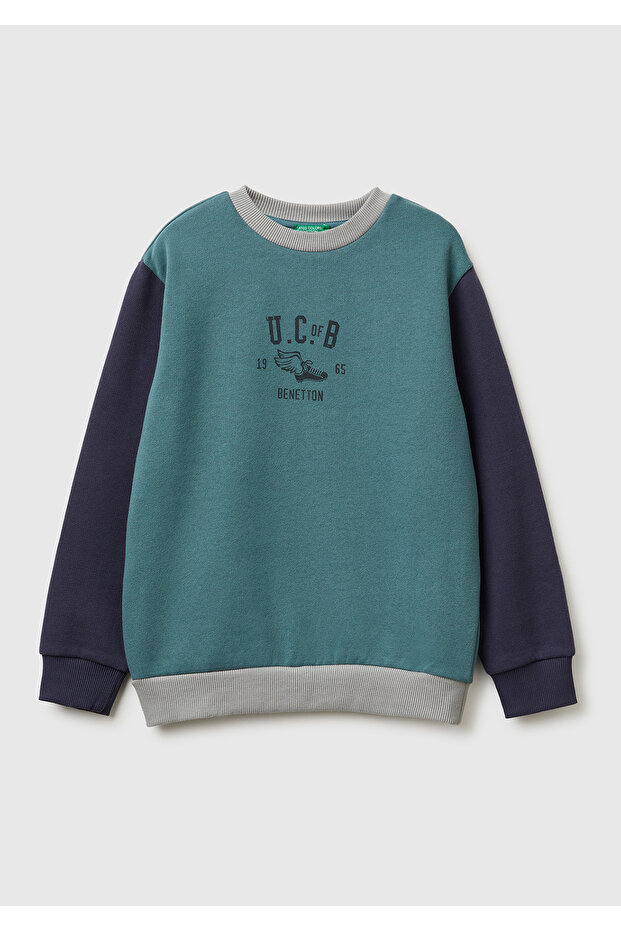 Boy's Dark Green-Grey Front Logo Printed Ribbed Fleece-Lined Sweatshirt
